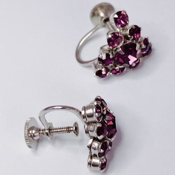 Vintage 1950s Earrings Purple Rhinestone Screw Back Mid Century Jewelry - Picture 5 of 13